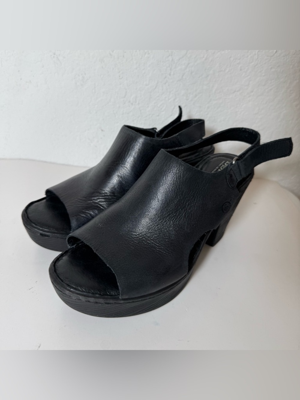 Born Ferlin Sandals Black Womens 8 Leather Platform Heels Chunky Retro Boho 90s - Picture 2 of 12